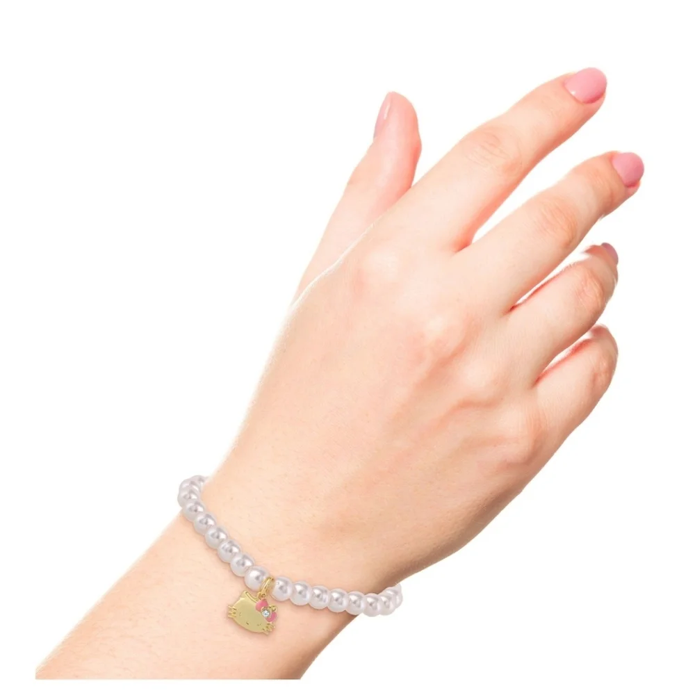 Sanrio Hello Kitty 18k Gold Plated Faux Pearls & Crystals Stretch Bracelet